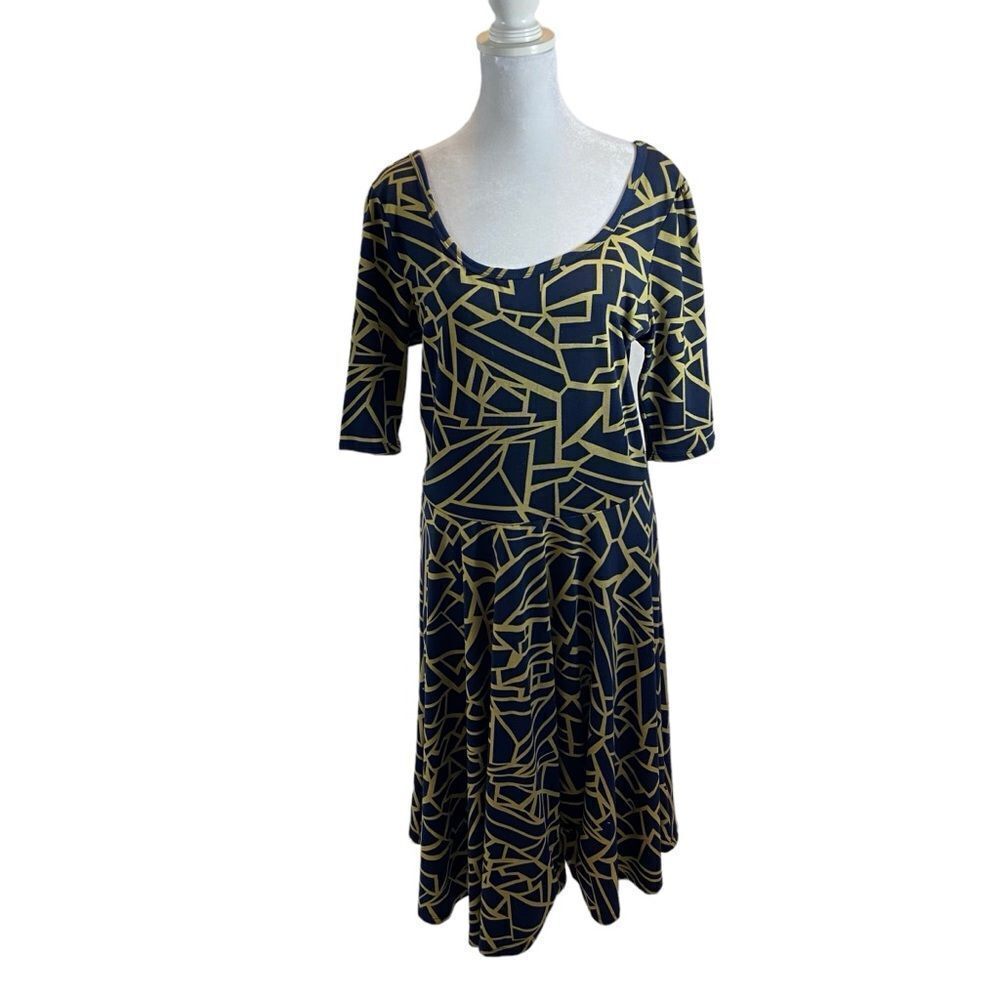 Ladies LuluRoe Nicole Print Dress Navy Blue and Yellow Size Large